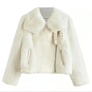 Shein Motf premium faux fur moto cropped jacket white